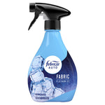 Single Febreze AUTO Fabric Platinum Ice spray bottle with ice imagery and black trigger top on a white background.