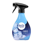 Single Febreze AUTO Fabric Platinum Ice spray bottle with ice imagery and black trigger top on a white background.
