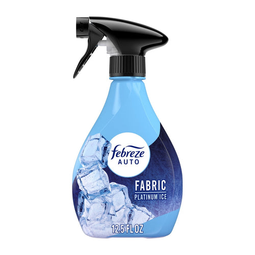 Single Febreze AUTO Fabric Platinum Ice spray bottle with ice imagery and black trigger top on a white background.