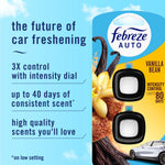 Packaging feature graphic with Febreze Auto branding, two vent clip images and callouts about 3X control and up to 40 days scent