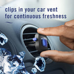 Hand holding and clipping a Febreze AUTO vent-clip air freshener into a circular car vent surrounded by ice graphics.
