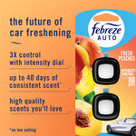 Orange infographic backing with Febreze Auto logo, two vent-clip images and product claims