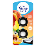 Febreze Auto Fresh Peaches two-clip package on white background showing product, peach imagery and car