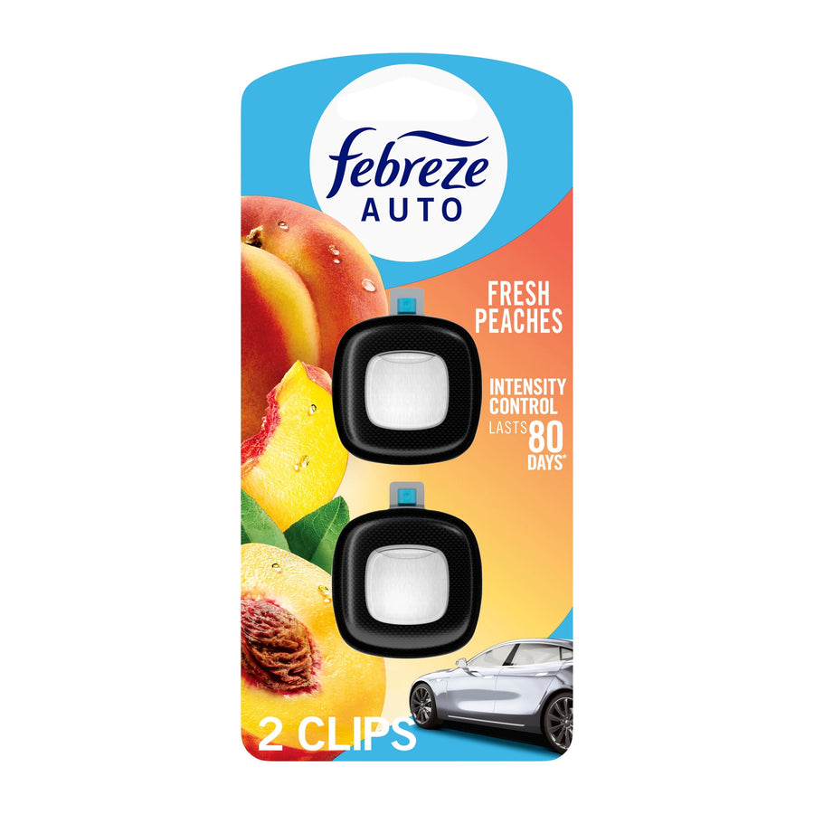 Febreze Auto Fresh Peaches vent-clip pack showing two black clips on peach-themed backing