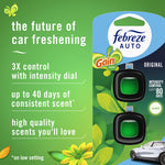 Green Febreze AUTO with Gain scent feature panel showing benefits like 3X control and up to 40 days of scent