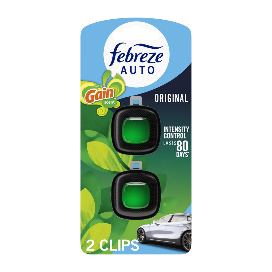 Febreze AUTO with Gain scent packaged twin vent clips on green branded backing with car image at bottom