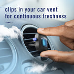 Hand placing a Febreze Auto vent clip into a round car vent with text saying 'clips in your car vent for continuous freshness'