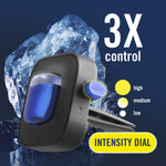 Close-up graphic of the Febreze AUTO vent clip with an intensity dial and ice background highlighting 3X control.