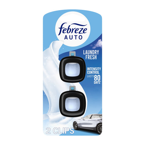 Febreze Auto Laundry Fresh car vent clip twin pack on blue packaging with car image and intensity claim