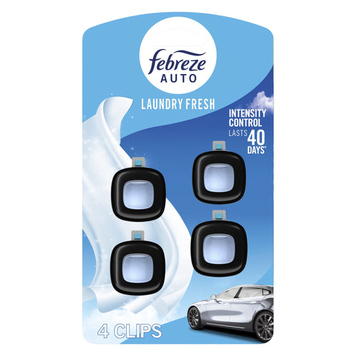 Retail blister pack of Febreze AUTO Laundry Fresh vent-clip air fresheners showing four black clips on blue background