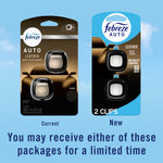 Comparison graphic showing current and new Febreze AUTO Leather packaging side by side with note about receiving either