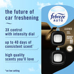 Branded Febreze AUTO packaging art with two Leather vent-clip air fresheners and product feature text