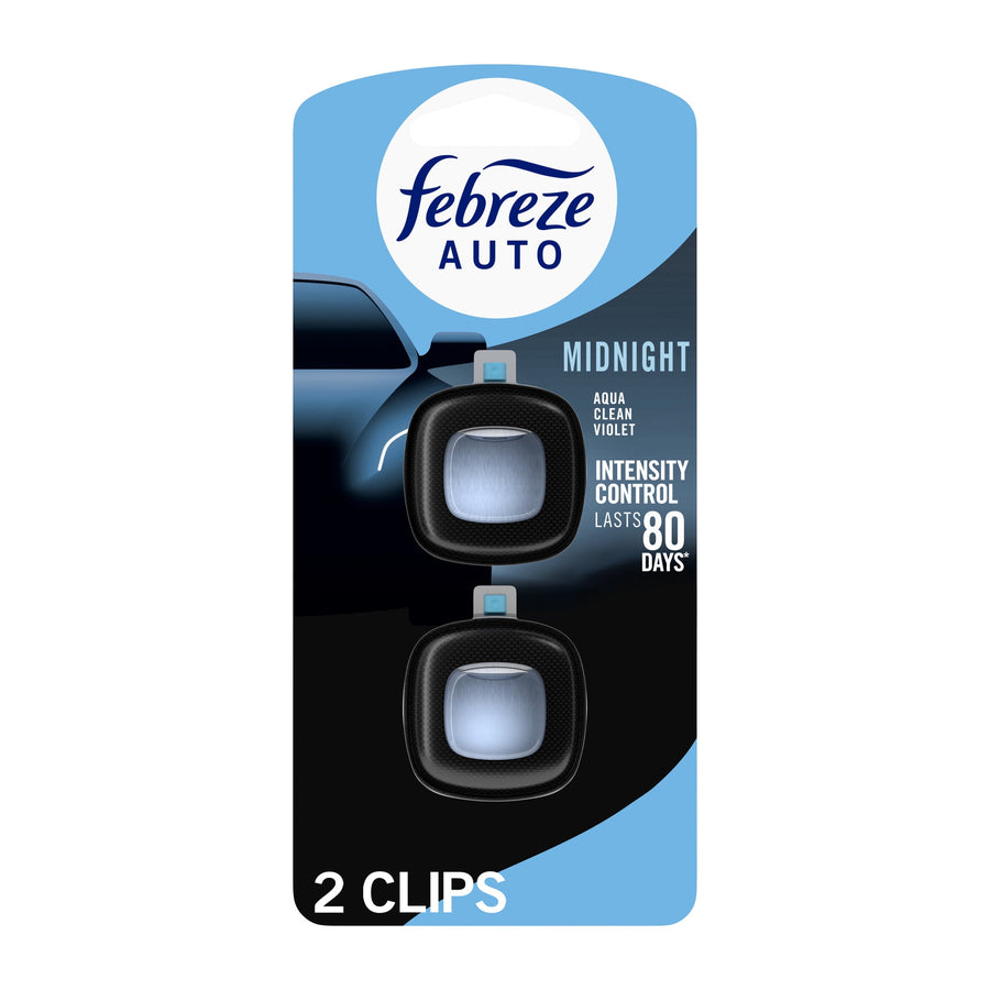 Front-facing product packaging showing two Febreze AUTO Midnight vent-clip air fresheners on blue-black card.