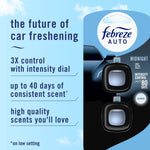 Informational package graphic with Febreze AUTO logo, two Midnight vent clips and text highlighting intensity dial and up to 40 days.