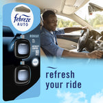 Packaging mockup of Febreze AUTO Midnight next to a smiling driver in a car interior with 'refresh your ride' text.