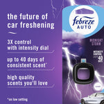 Febreze Auto Midnight Storm promotional panel showing product, logo and benefits on purple background