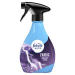 Single Febreze Auto Fabric spray bottle in Midnight Storm showing label, lightning artwork and black trigger on white background