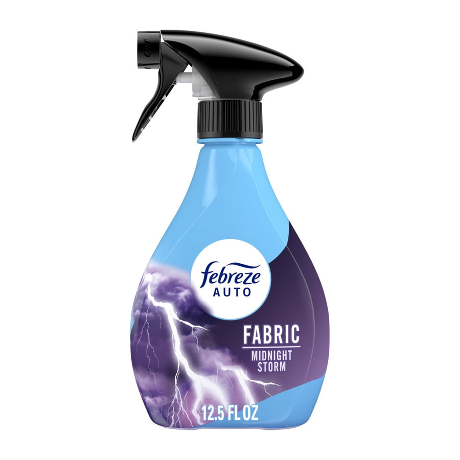 Single Febreze Auto Fabric spray bottle in Midnight Storm scent showing lightning label and black spray trigger