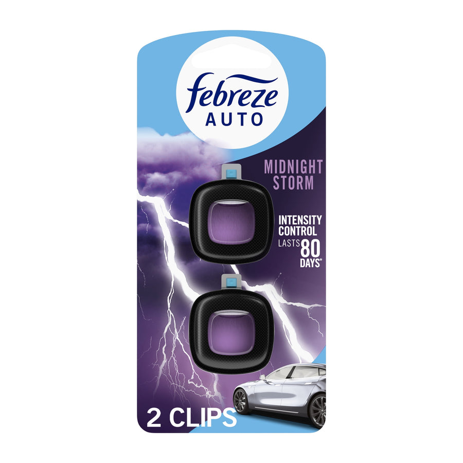 Febreze Auto Midnight Storm car vent clip twin pack on purple lightning themed backing