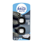 Febreze AUTO Morning Shower car vent clip package showing two black clips on peg card