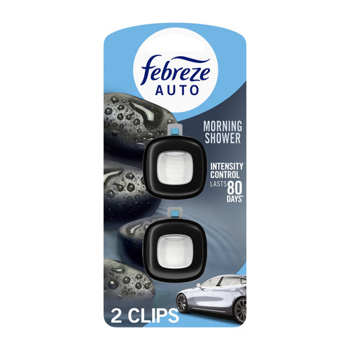 Febreze AUTO Morning Shower car vent clip package showing two black clips on peg card