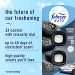 Informational product card showing Febreze AUTO Morning Shower clips and marketing text about scent control