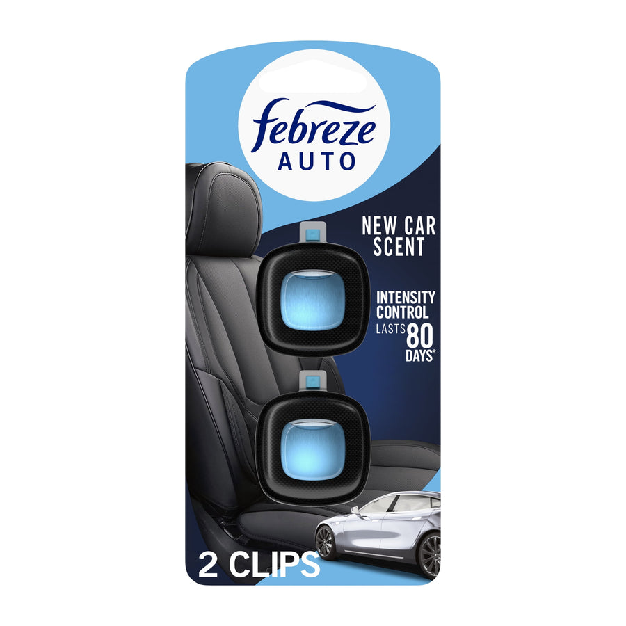 Febreze AUTO New Car scent twin-pack blister card showing two black vent-clip fresheners on a car seat background