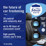Blue promotional panel with Febreze AUTO logo and product benefits beside image of two black vent-clip fresheners on packaging