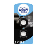 Febreze Auto Noir car vent clip packaging showing two black vent clips and brand logo on blue and black card.
