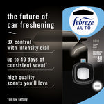 Febreze Auto Noir marketing panel with product logo, a single black vent clip image and copy about intensity control and up to 40 days.