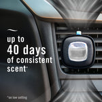 Febreze Auto Noir vent clip attached to a car vent with overlay text claiming up to 40 days of consistent scent