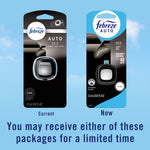 Comparison graphic showing current and new Febreze Auto Noir packages with note that either package may be received