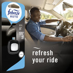 Lifestyle image showing driver in a car alongside Febreze Auto Noir product packaging and text 'refresh your ride'