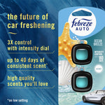 Feature graphic showing Febreze AUTO Ocean Breeze packaging with callouts for 3X control and up to 40 days of consistent scent