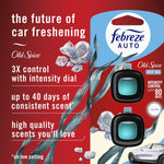 Branded Febreze AUTO Old Spice Deep Sea promotional panel showing two clip air fresheners and marketing copy about scent control