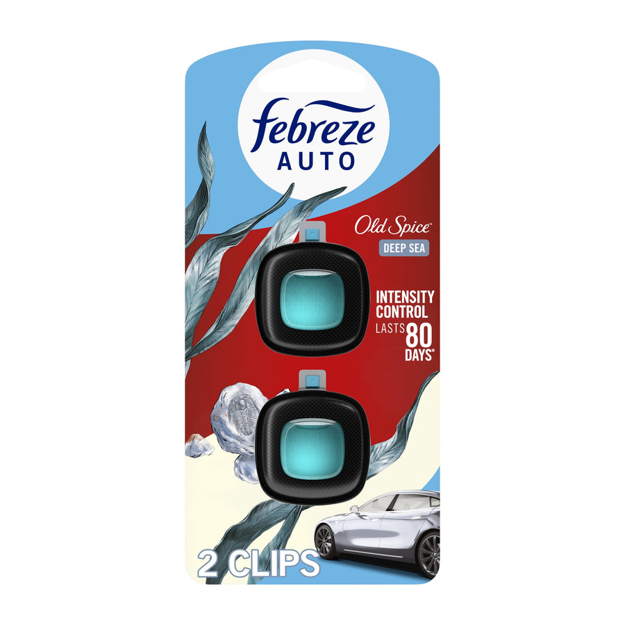 Febreze AUTO Old Spice Deep Sea car air freshener twin clip blister pack with teal scent inserts on branded backing