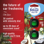 Red feature panel for Febreze AUTO Old Spice Fiji highlighting intensity dial and up to 40 days claim with product clips and tropical imagery
