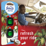 Composite lifestyle image showing a smiling driver and Febreze AUTO Old Spice Fiji dual-clip packaging with palm-tree and coconut visuals