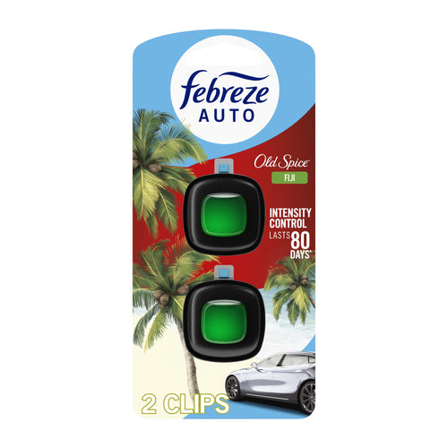 Front view of Febreze AUTO Old Spice Fiji dual clip packaging showing two green-scent inserts and palm-tree artwork
