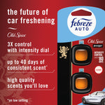 Packaging graphic for Febreze AUTO Old Spice Swagger showing two vent-clip fresheners and text calling out intensity control and up to 80 days