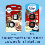 Comparison graphic showing current and new Febreze AUTO Old Spice Timber packaging with note that either package may be received.