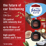 Red promotional panel with Febreze AUTO Old Spice Timber twin clips and text highlighting 3x control and up to 40 days of scent.
