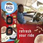 Lifestyle image combining Febreze AUTO Old Spice Timber retail pack art with a smiling driver inside a car and 'refresh your ride' text.