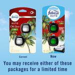 Comparison graphic showing current and new Febreze AUTO Old Spice Fiji packages side by side with note that either package may be received