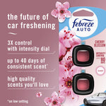Packaging detail with Febreze Auto logo, cherry blossom artwork and two black vent-clip fresheners plus text describing intensity control and up to 40 days.