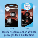 Graphic comparing two Febreze Auto cedar package designs side-by-side with notice that either package may be received