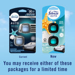 Comparison graphic showing current and new Febreze AUTO Ocean Breeze packaging with note that either package may be received