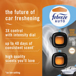 Febreze AUTO packaging close-up with product image and orange panel listing intensity dial and scent duration