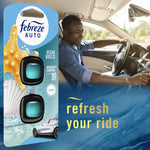 Lifestyle image pairing Febreze AUTO Ocean Breeze twin-pack packaging beside a smiling driver inside a car, with refresh your ride text