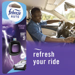 Lifestyle image showing driver beside Febreze Auto Midnight Storm packaging and 'refresh your ride' text